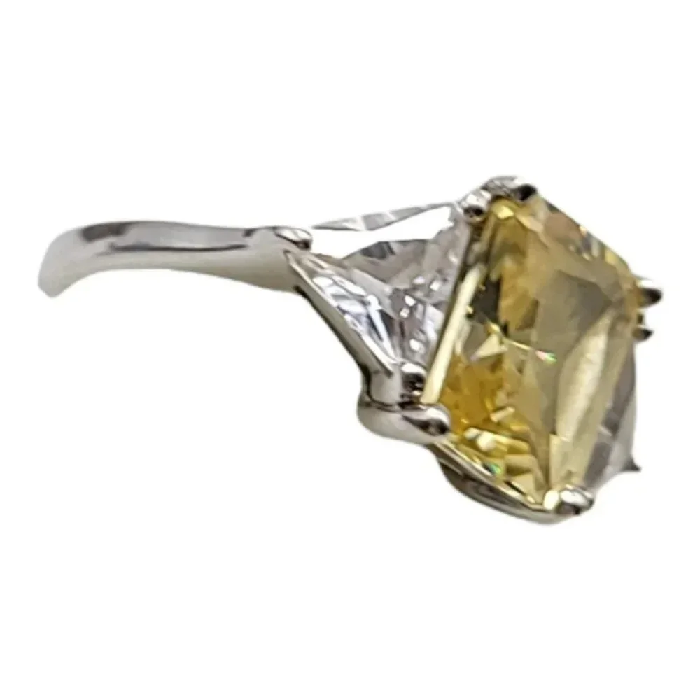 Charles Winston CWE Canary Yellow Clear Rhinestone Cocktail Sterling Ring Size 7